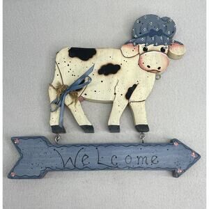 Vtg Country Cow Welcome Sign Wooden Hand Painted Farmhouse Cottagecore Decor